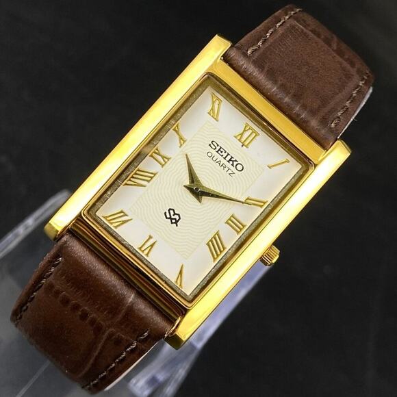Seiko Other - Vintage Style Seiko Quartz Mens Gold Watch & White accents W/ Leather Strap